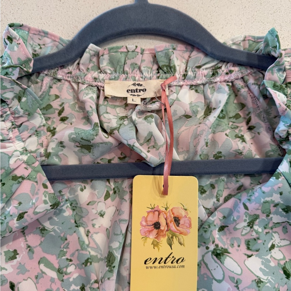 NWT Entro Pink and Green Floral Blouse Size Large - Picture 3 of 5